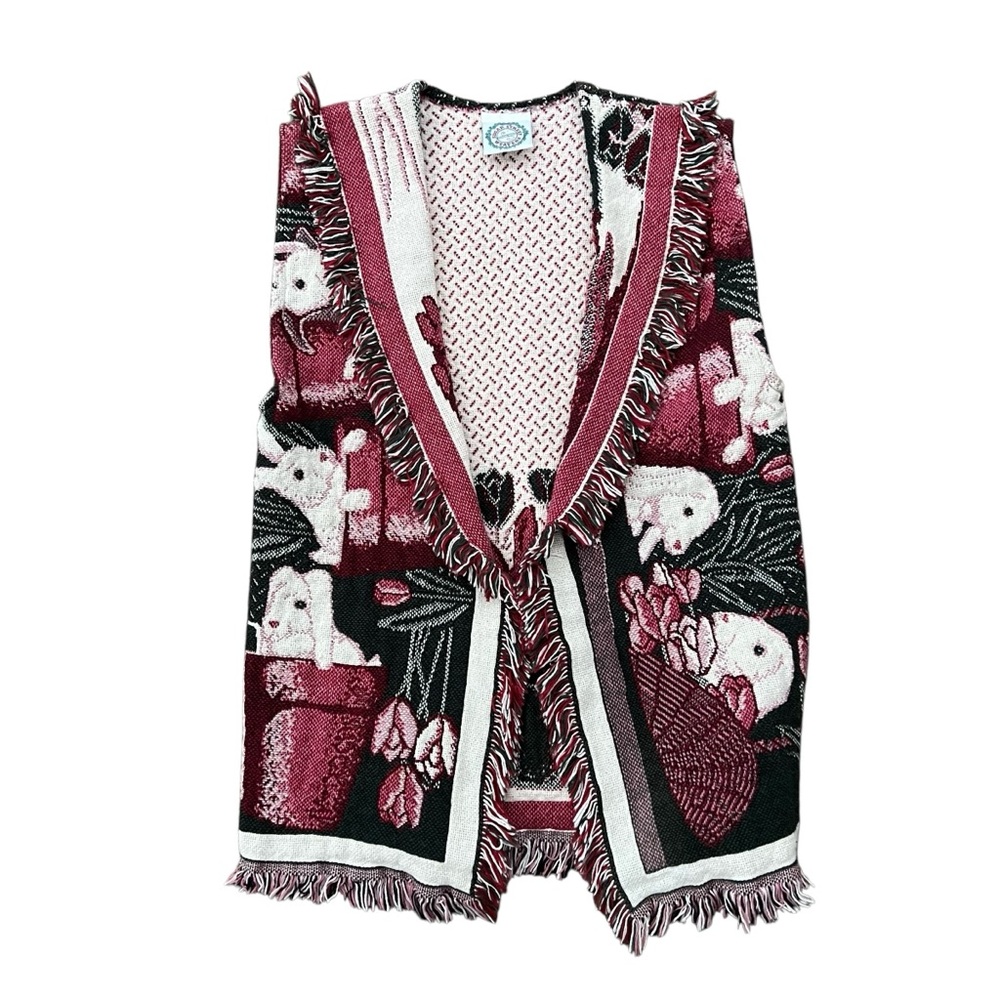 Vintage Sugar Street Weavers Easter Bunny Tapestry Blank Fringe Vest - Pink O/S